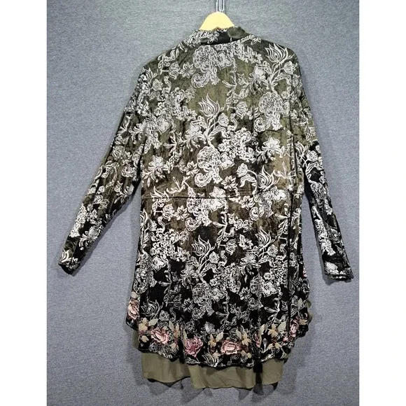 Chicos Velvet Burnout Floral Duster Cardigan Olive Green Silver Size 2 Large - Picture 5 of 8
